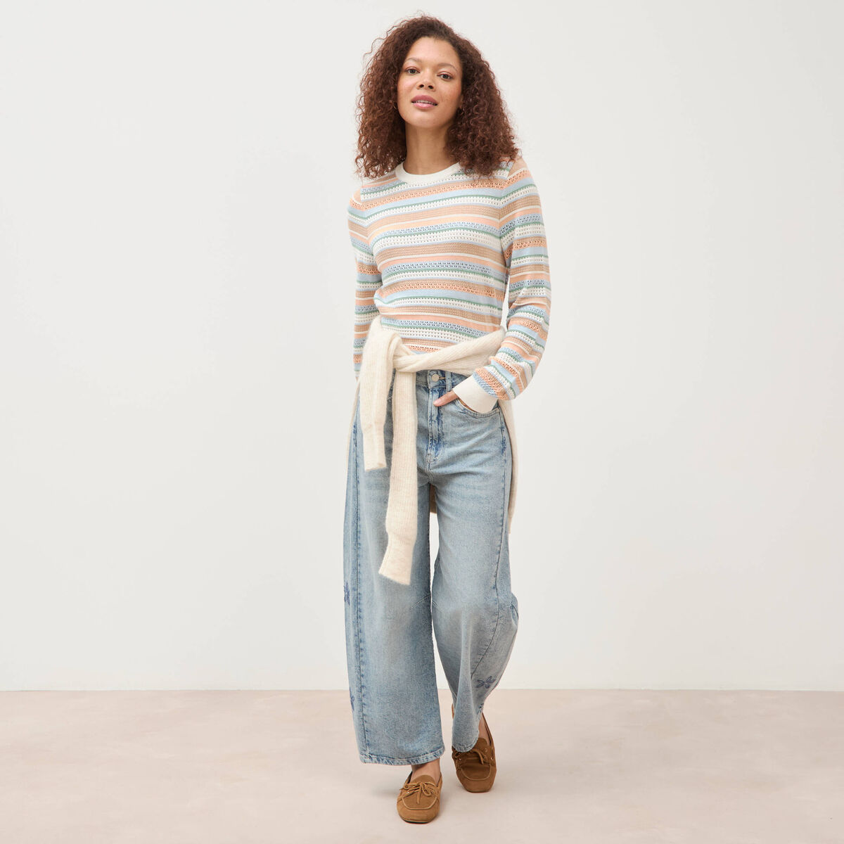 Pull ajour&eacute; col rond manches longues multicolore femme