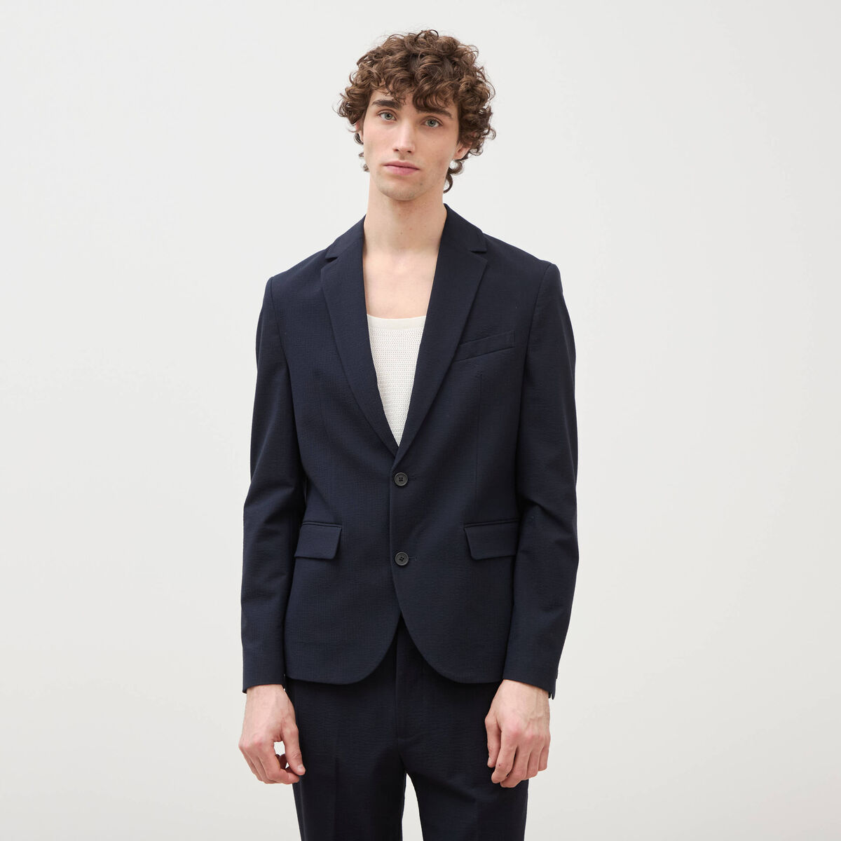 Blazer cintr&eacute; manches longues doubl&eacute; bleu marine homme