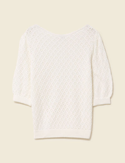 Pull ajouré col rond manches courtes ecru femme
