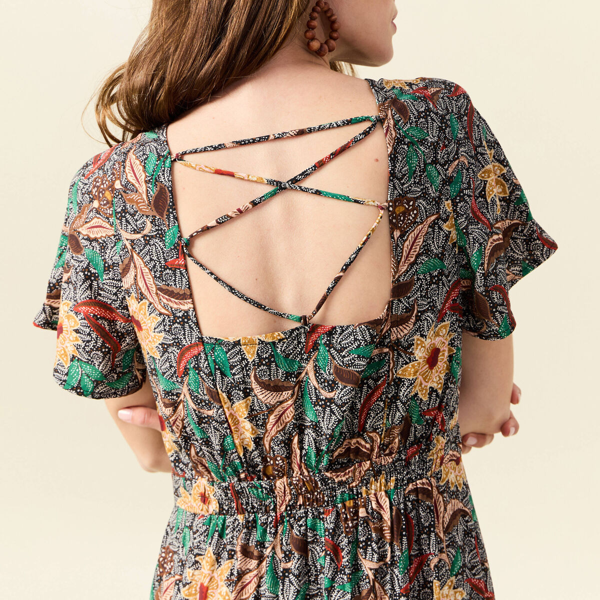 Robe longue évasée dos ouvert noir femme