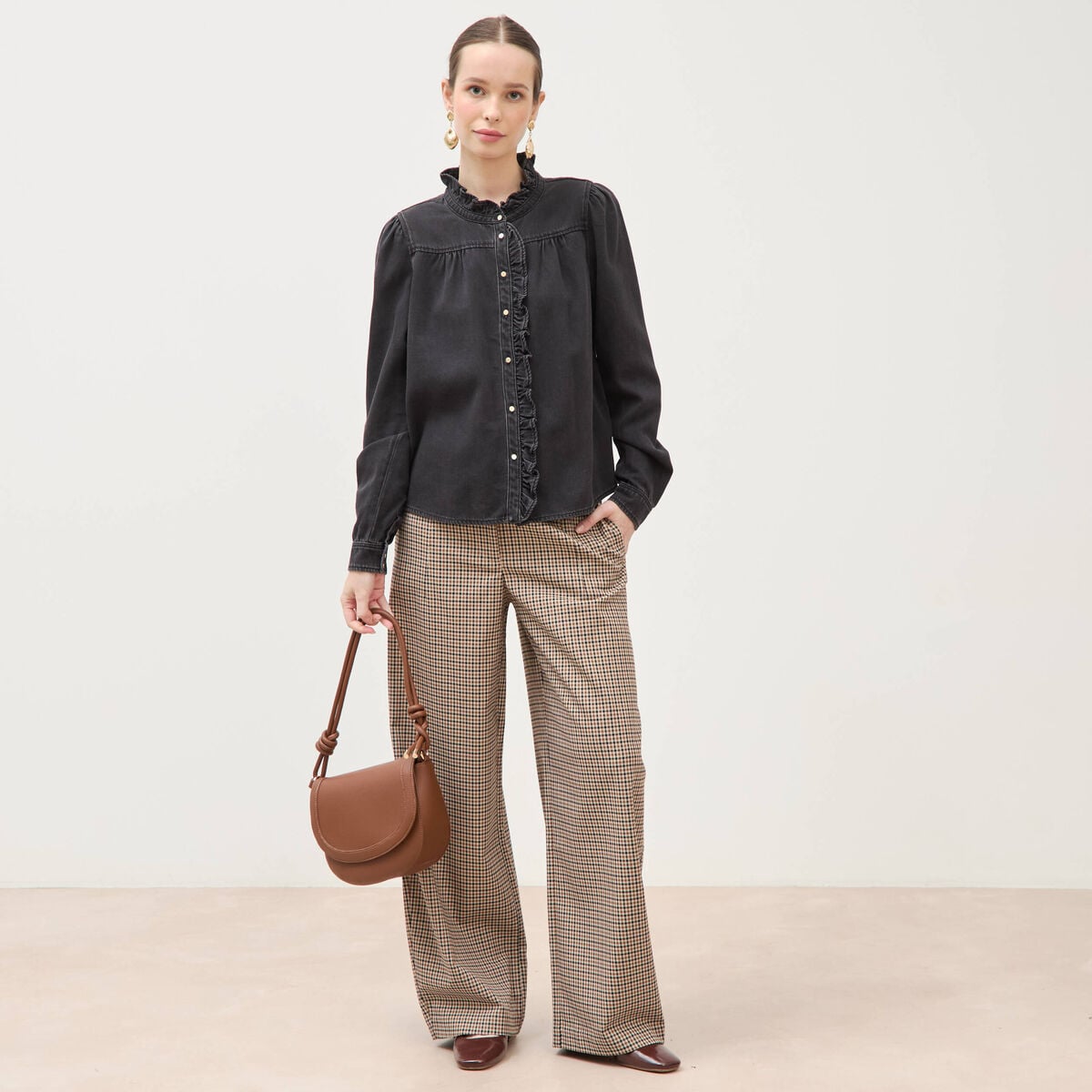 Pantalon barrel bas resserr&eacute; &agrave; carreaux ficelle femme