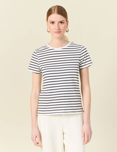 T-shirt cintr&eacute; col rond manches courtes ecru femme