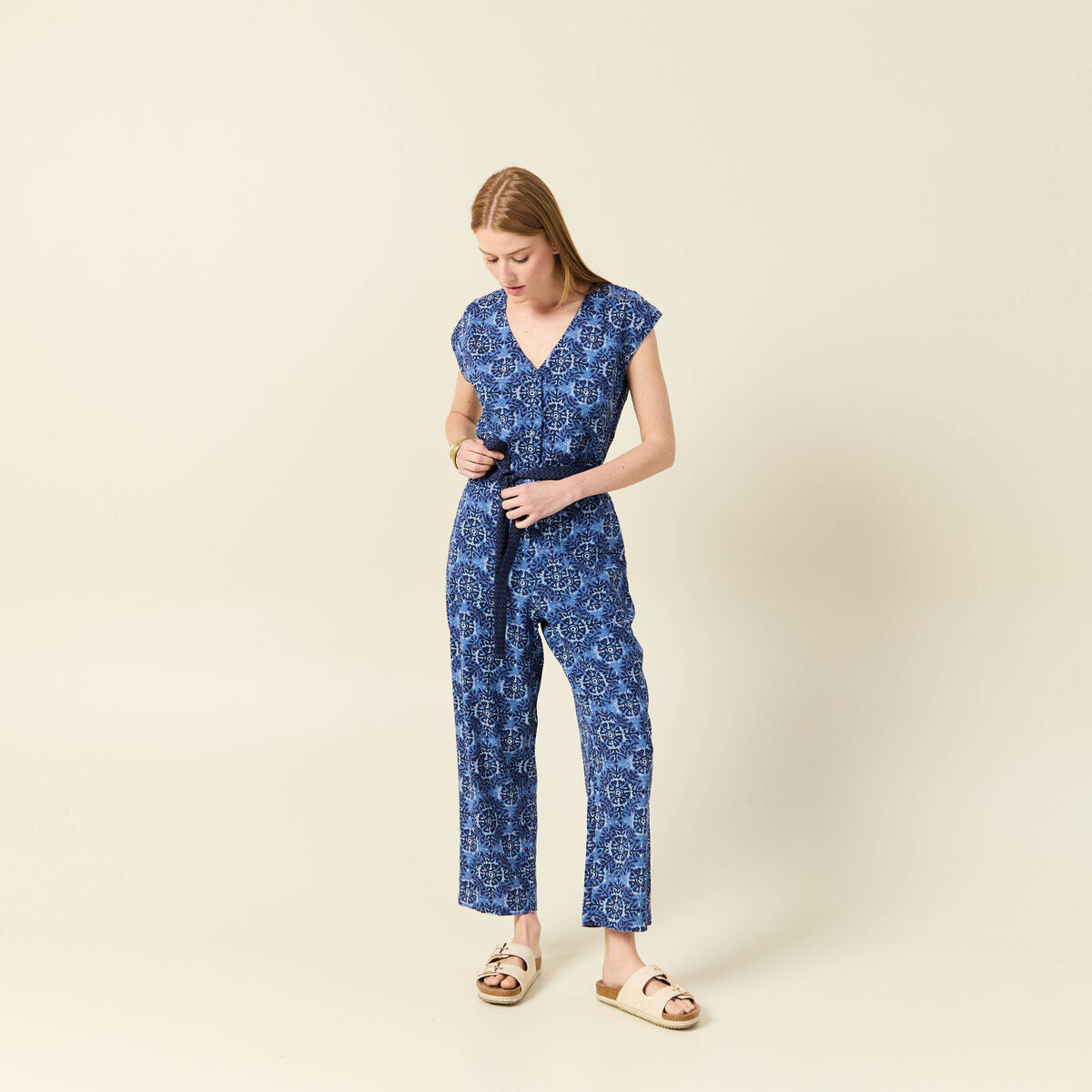 Combinaison salopette manches courtes bleu femme