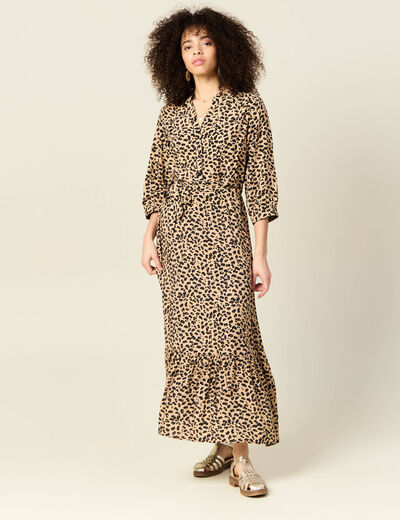 Robe longue droite manches 3/4 marron clair femme