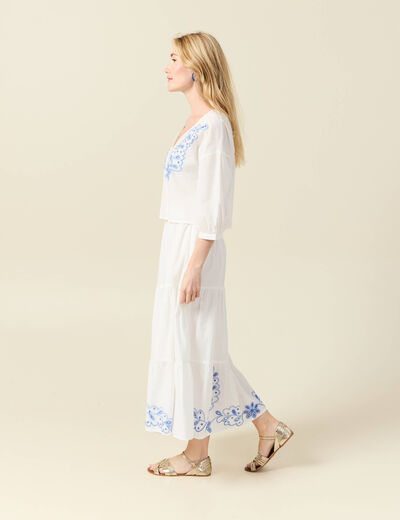 Blouse manches 3/4 brodée ecru femme