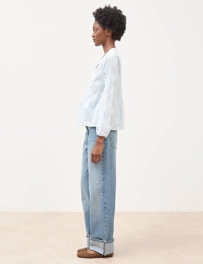 Chemise col v manches longues en coton blanc femme