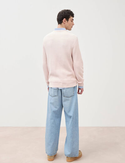 Pull col rond manches longues en coton rose poudr&eacute;e homme