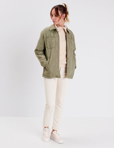 Veste droite matelass&eacute;e col chemise vert kaki femme