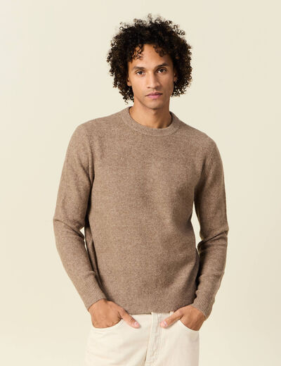 Pull manches longues col rond taupe homme
