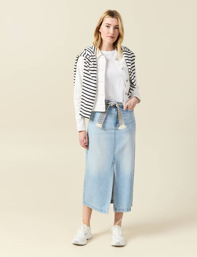 Jupe longue droite en jean denim bleach femme