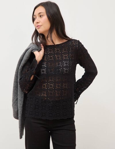 T-shirt manches longues en dentelle noir femme