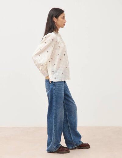 Chemise manches longues en coton brod&eacute;e blanc femme