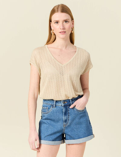 Pull manches courtes ajouré creme femme