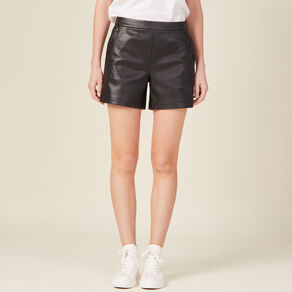 Short droit simili cuir à pont noir femme