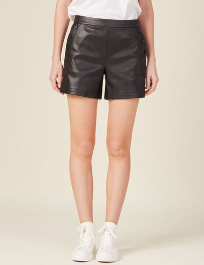 Short droit simili cuir à pont noir femme