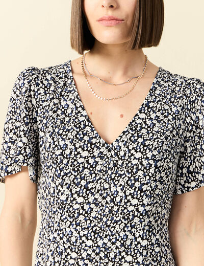 Robe longue droite col v manches courtes bleu femme