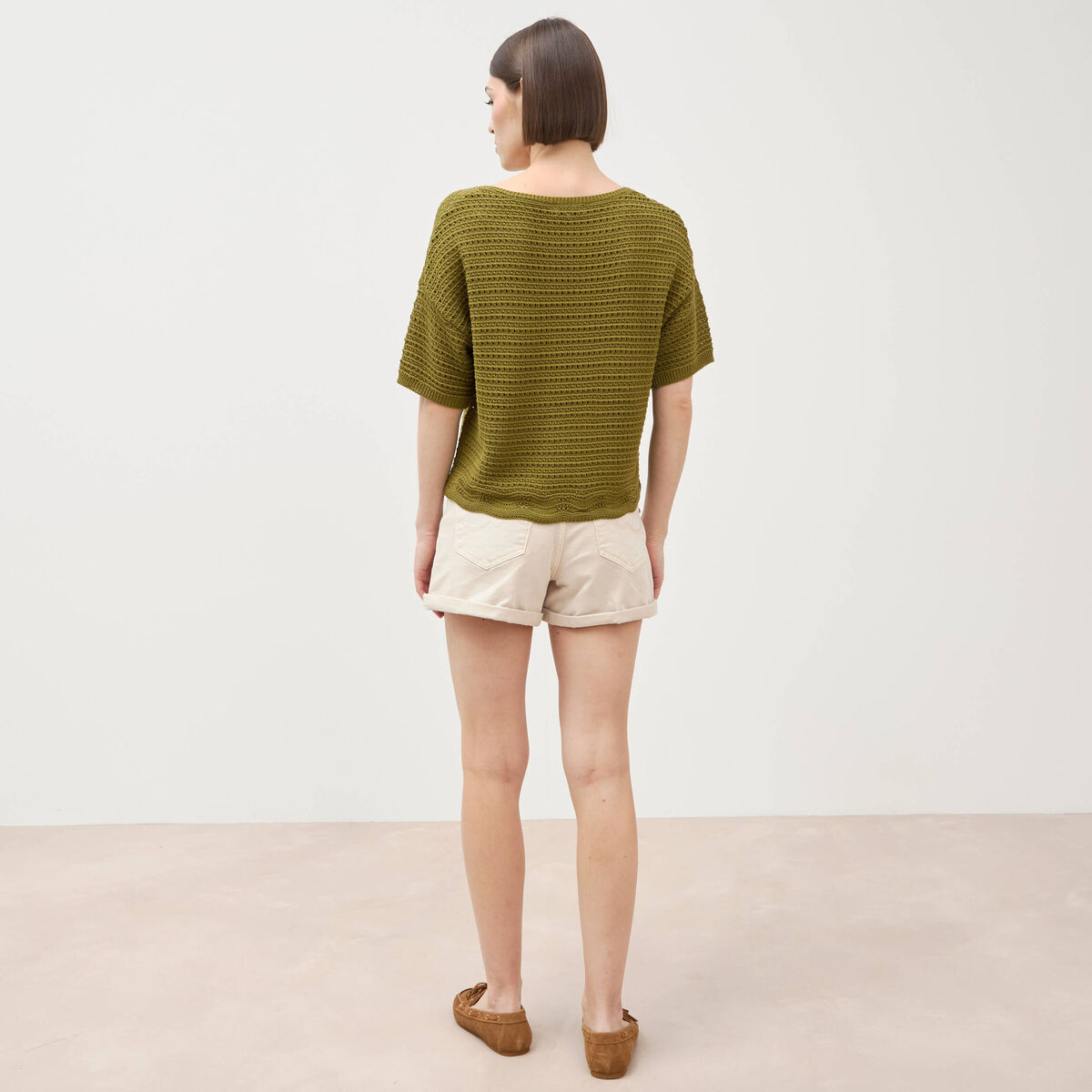 Pull col rond manches courtes vert kaki femme