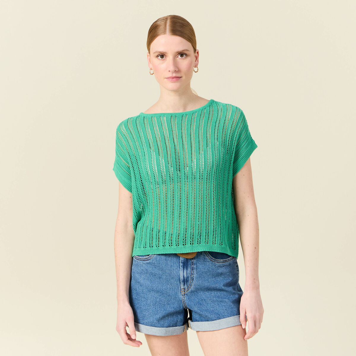 Pull oversize ajour&eacute; col bateau vert menthe femme