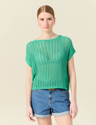 Pull oversize ajour&eacute; col bateau vert menthe femme