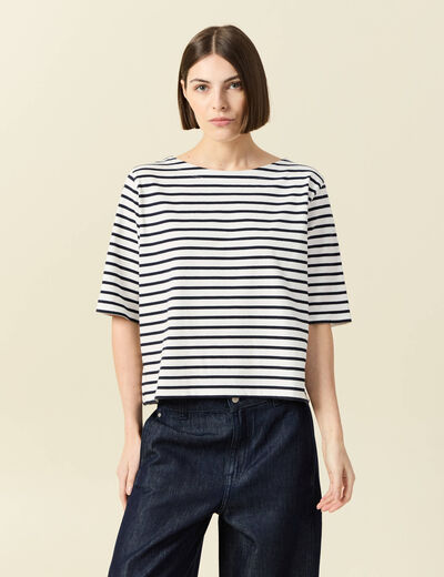 T-shirt ray&eacute; col bateau manches courtes ecru femme