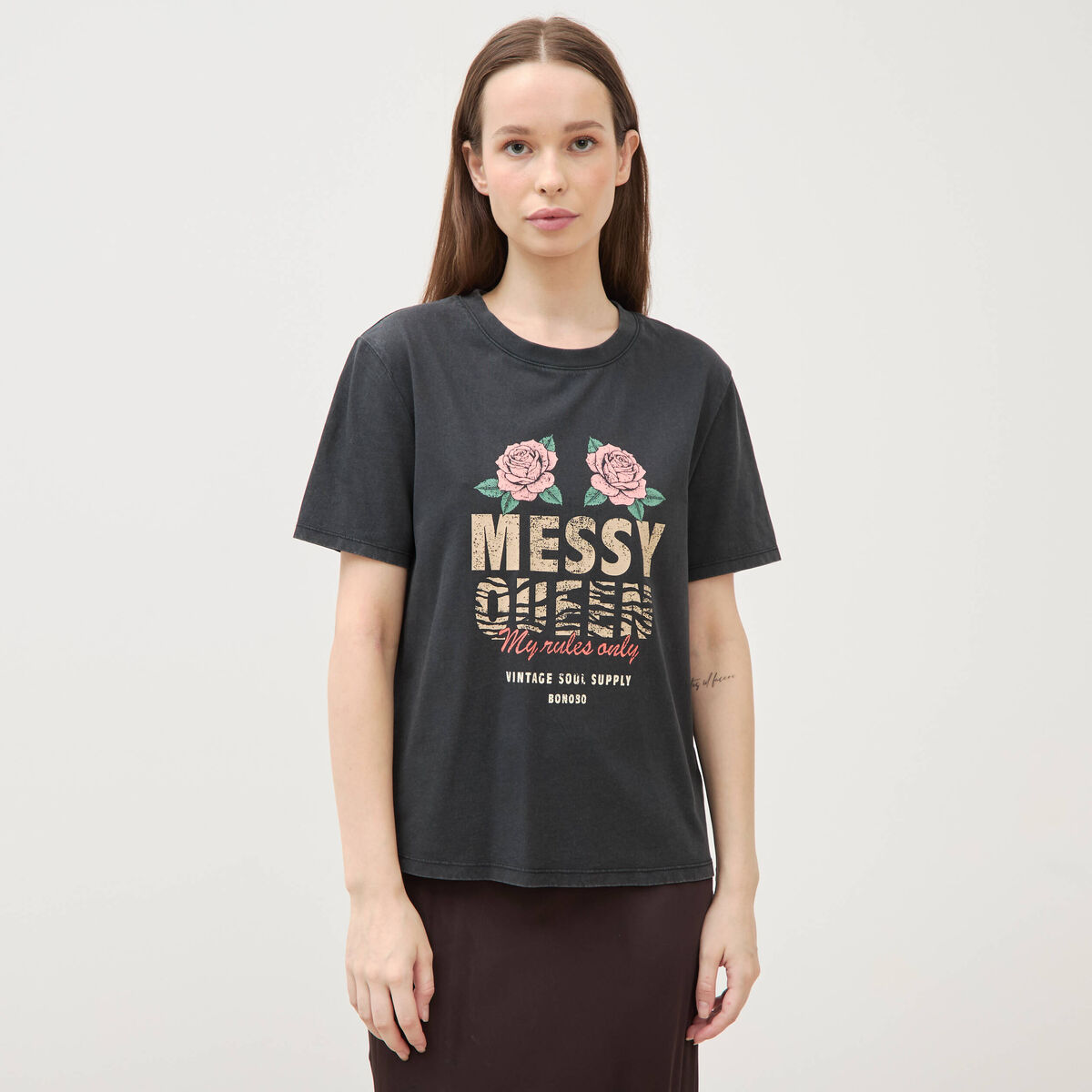 T-shirt droit col rond manches courtes noir femme