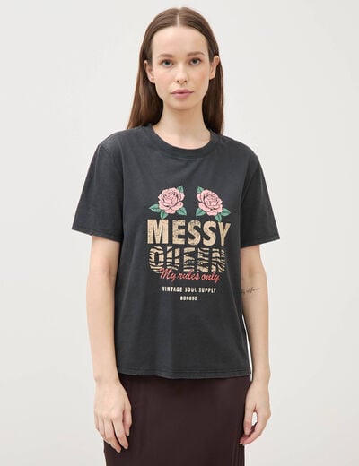 T-shirt droit col rond manches courtes noir femme