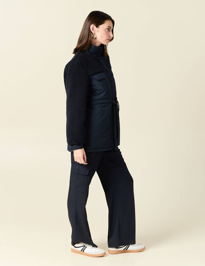 Manteau manches sherpa bleu marine femme