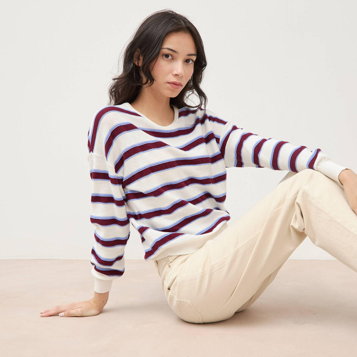Pull col rond manches longues en coton marron chocolat femme