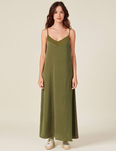 Robe longue droite satin vert kaki femme
