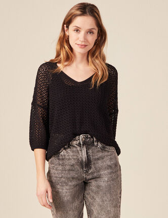 Pull ajour&eacute; col v manches 3/4 noir femme