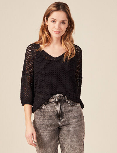 Pull ajour&eacute; col v manches 3/4 noir femme
