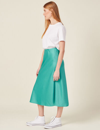 Jupe midi droite satin bleu turquoise femme
