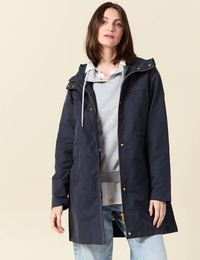 Parka longue à capuche bleu foncé femme