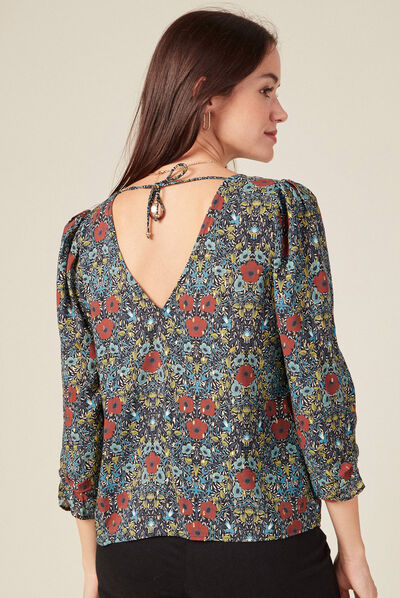 Blouse manches 3/4 dos en V noir femme