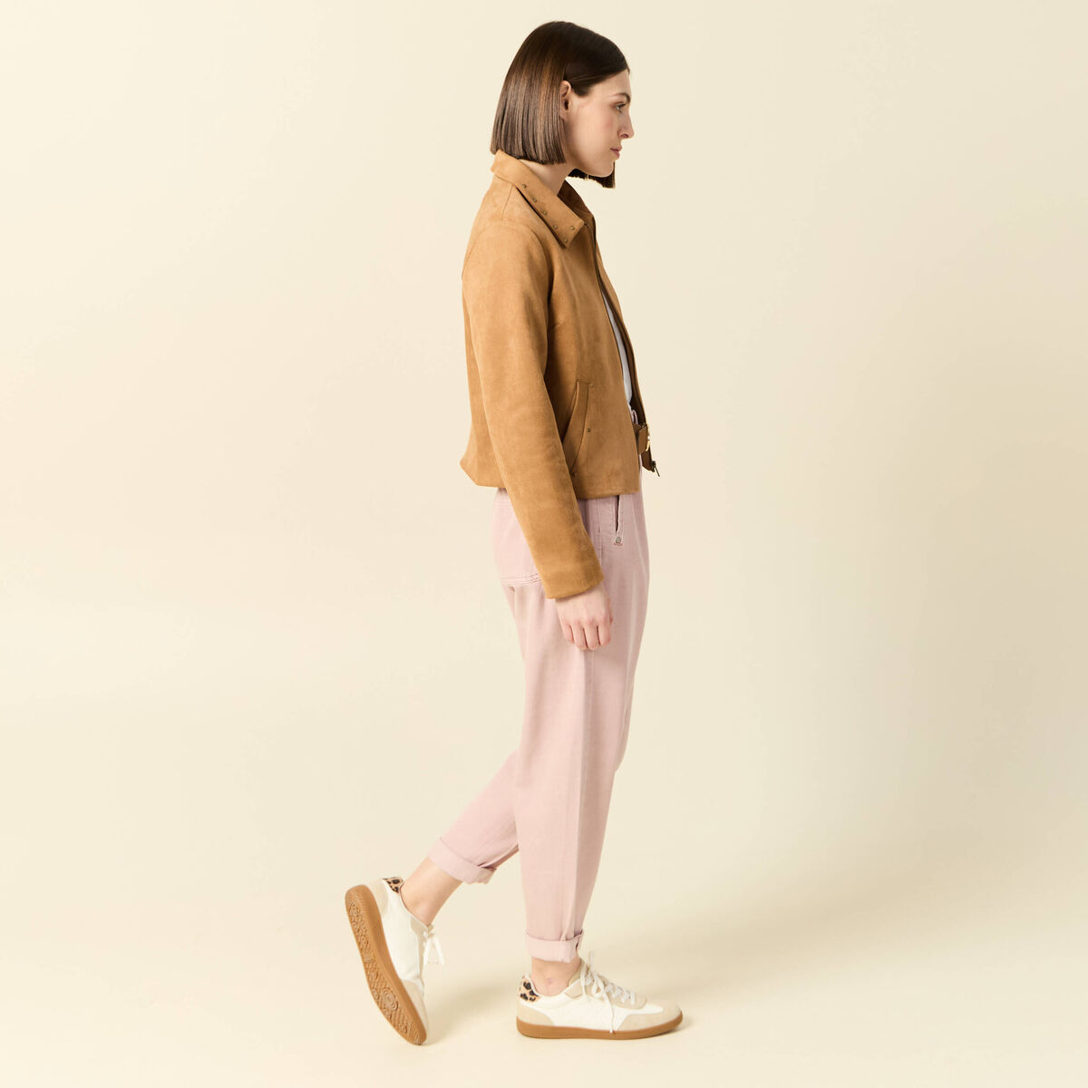 Blouson su&eacute;dine col clout&eacute; beige femme