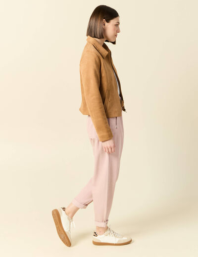 Blouson suédine col clouté beige femme