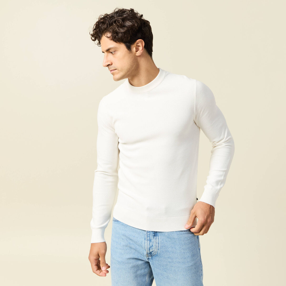 Pull col rond manches longues ecru homme