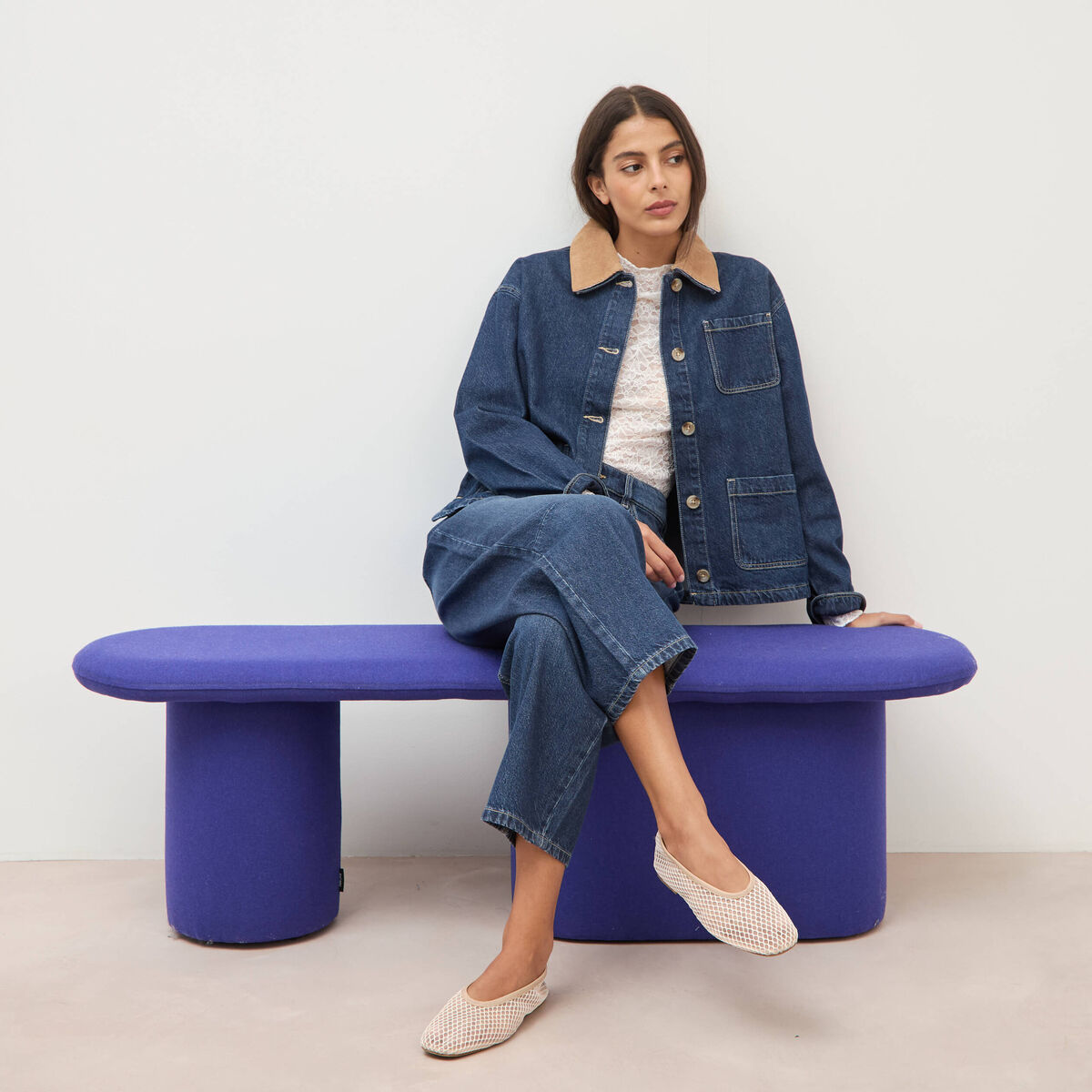 Jeans barrel 7/8&egrave;me taille standard denim brut clean femme