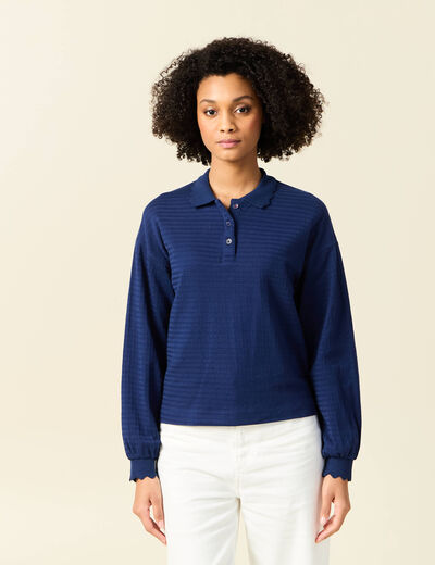 Sweat manches longues col polo bleu foncé femme