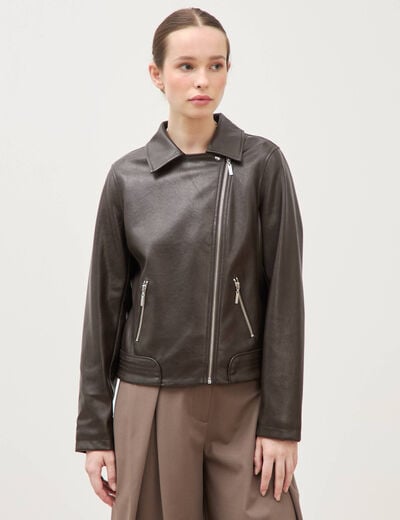 Perfecto manches longues similicuir marron fonc&eacute; femme