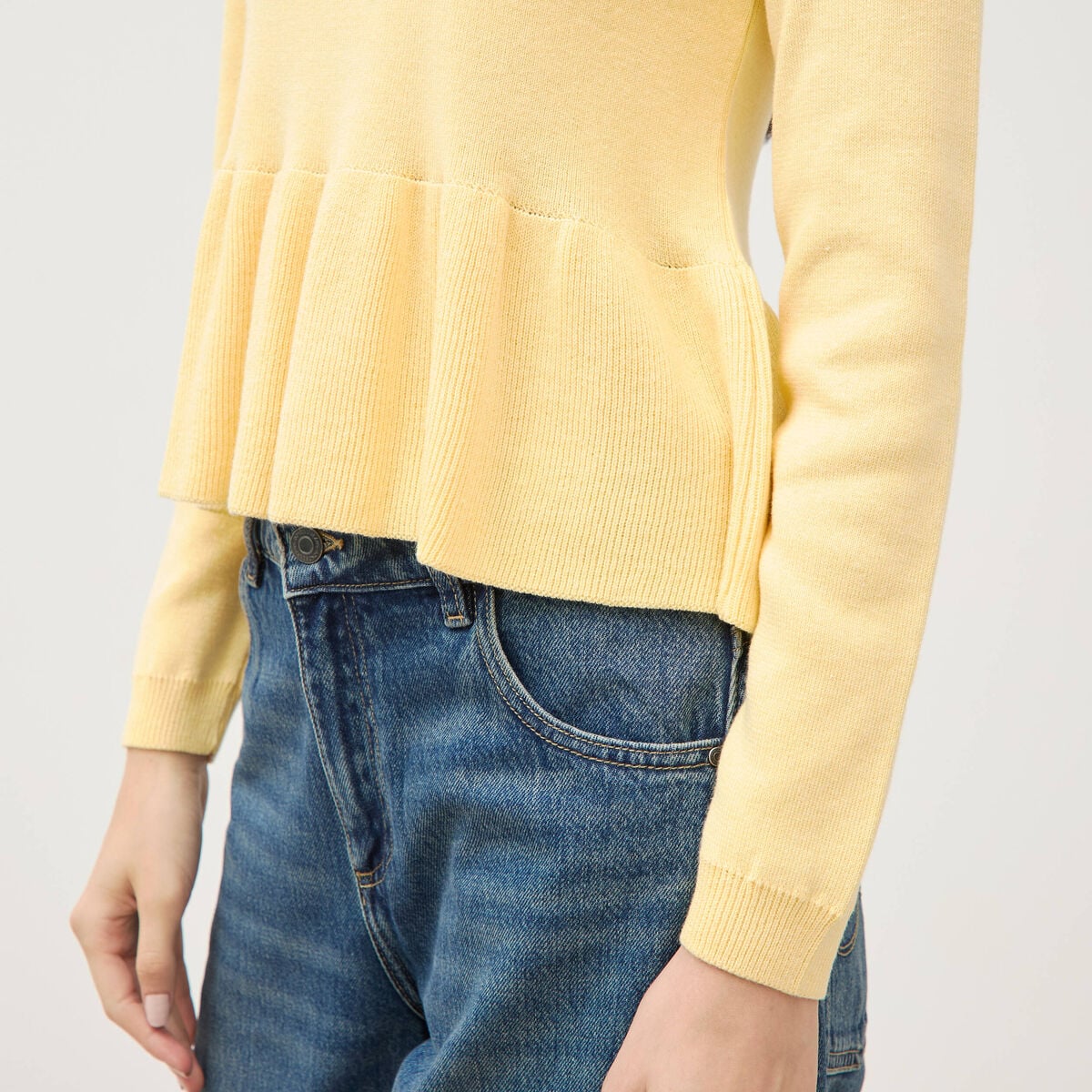 Pull col rond manches longues jaune clair femme