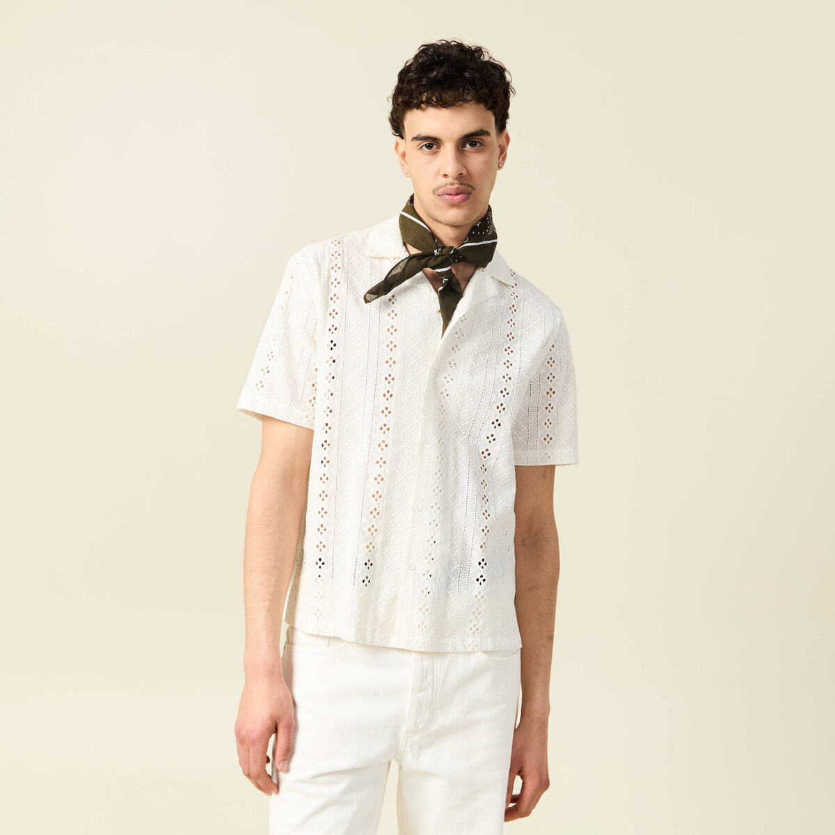 Chemise manches courtes brod&eacute;e ecru homme