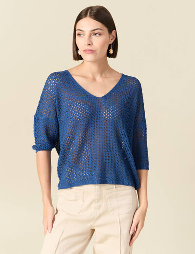 Pull ajour&eacute; col v manches 3/4 bleu marine femme