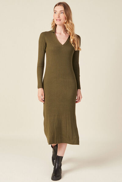 Robe pull longue moulante vert kaki femme