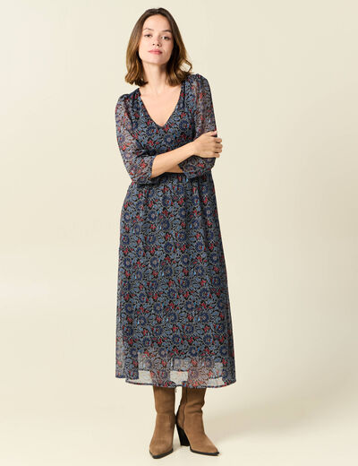 Robe longue évasée col en V noir femme