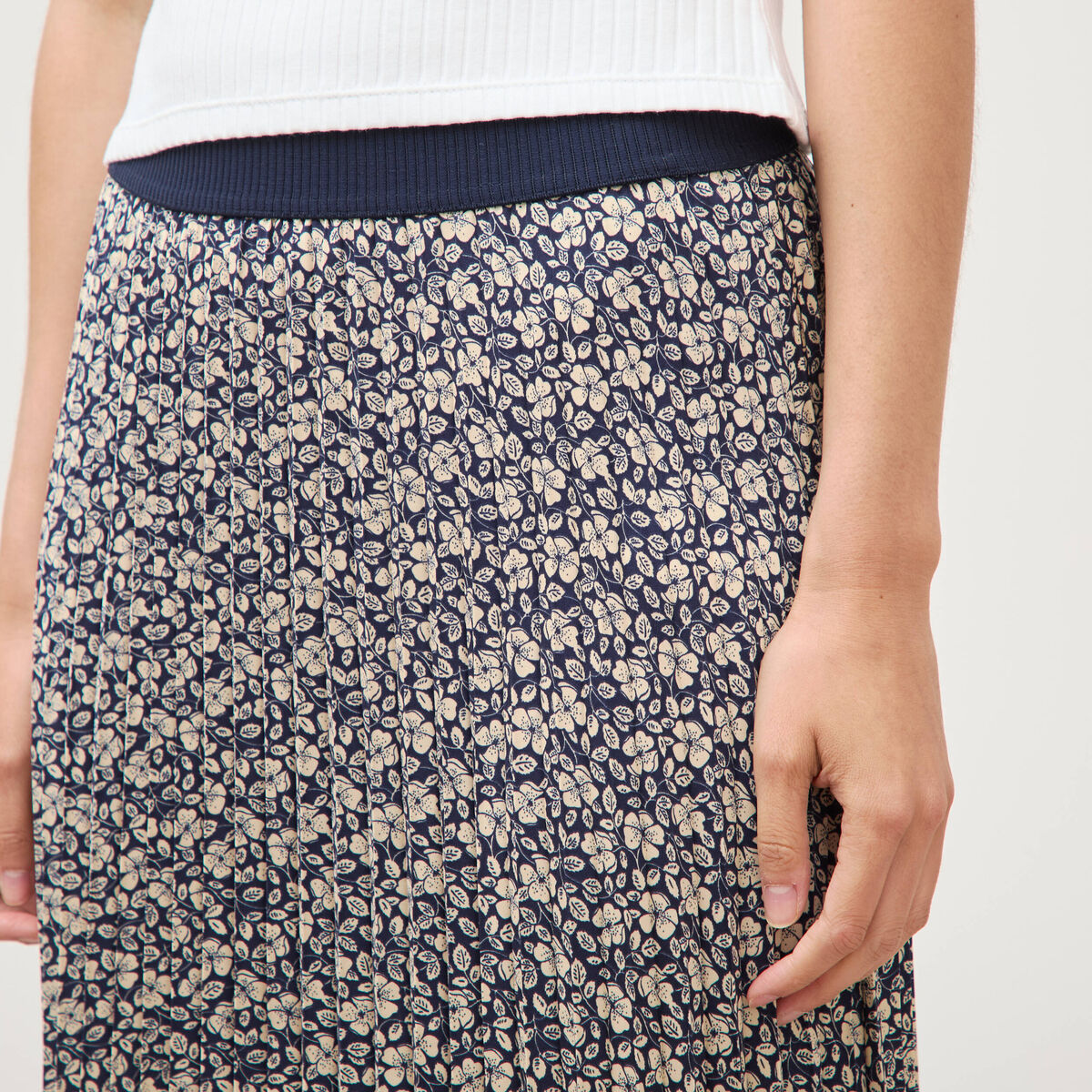 Jupe longue droite pliss&eacute;e bleu marine femme