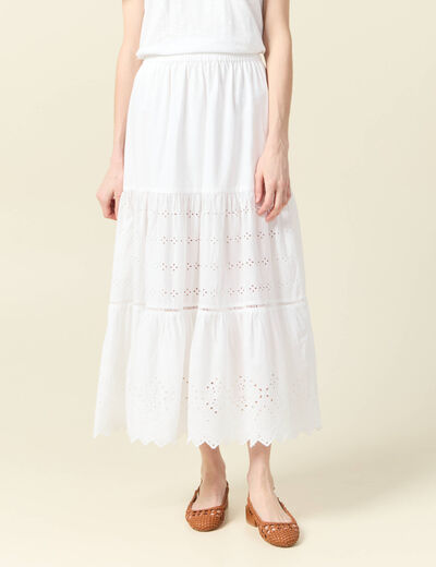 Jupe longue droite brodée ecru femme