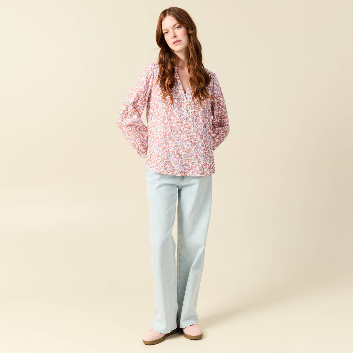Blouse manches longues en coton orange corail femme