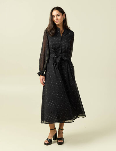 Robe longue &eacute;vas&eacute;e col v manches longues noir femme
