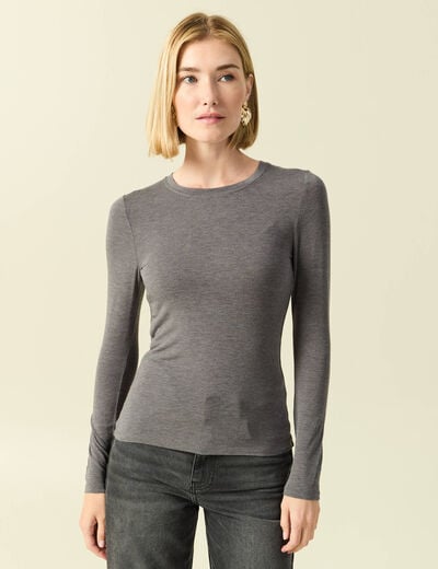 T-shirt cintr&eacute; manches longues col rond gris fonc&eacute; femme